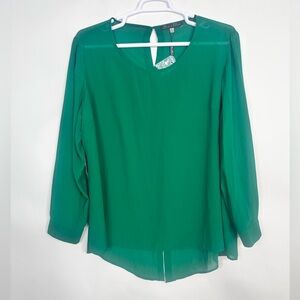 Rose + Olive green long sleeve sheer Blouse NWT Size 3X Gold stud accents at bk